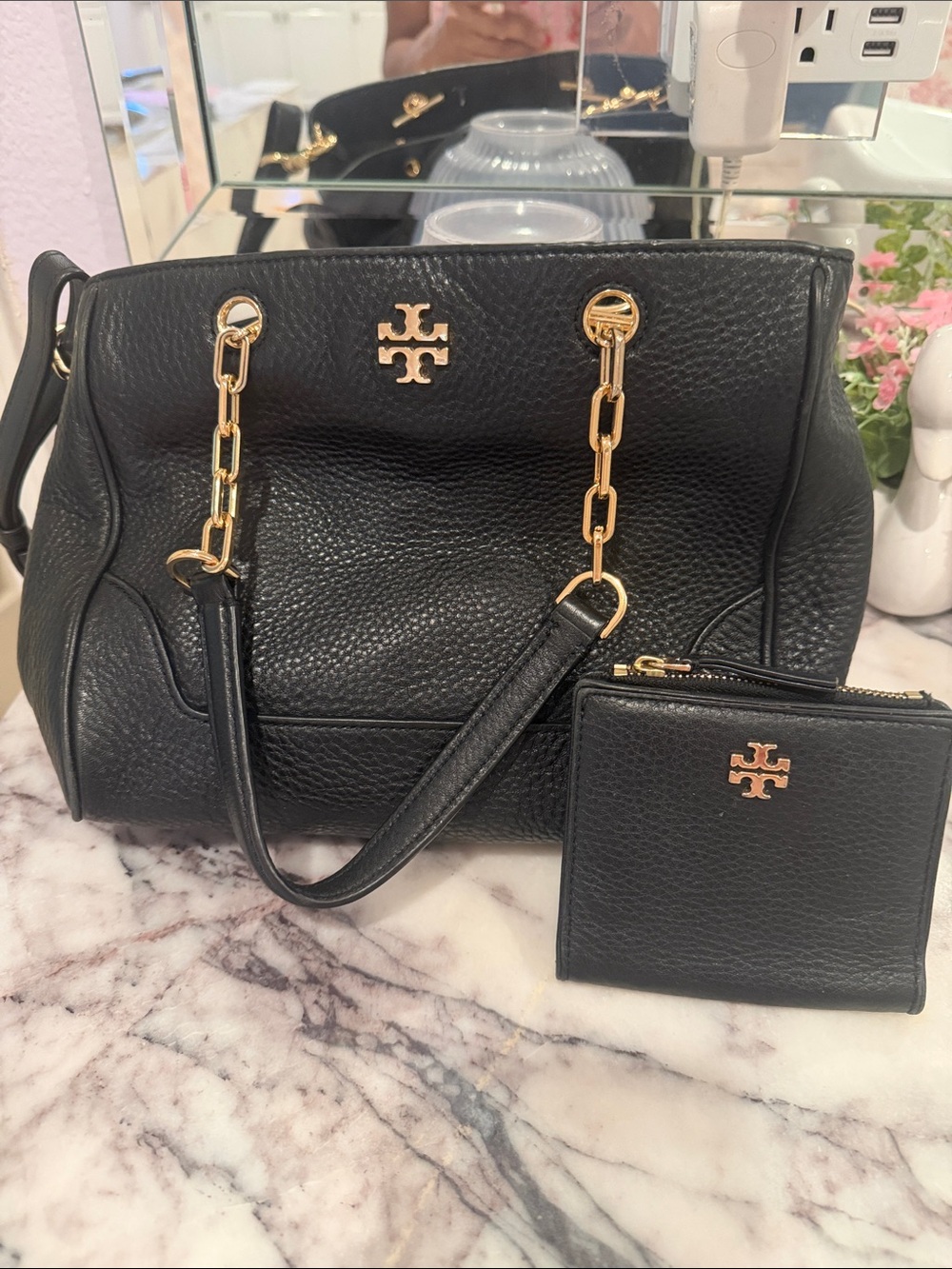 Tory Burch Black Pebbled Leather Tote with Gold Hardware and Matching Wallet